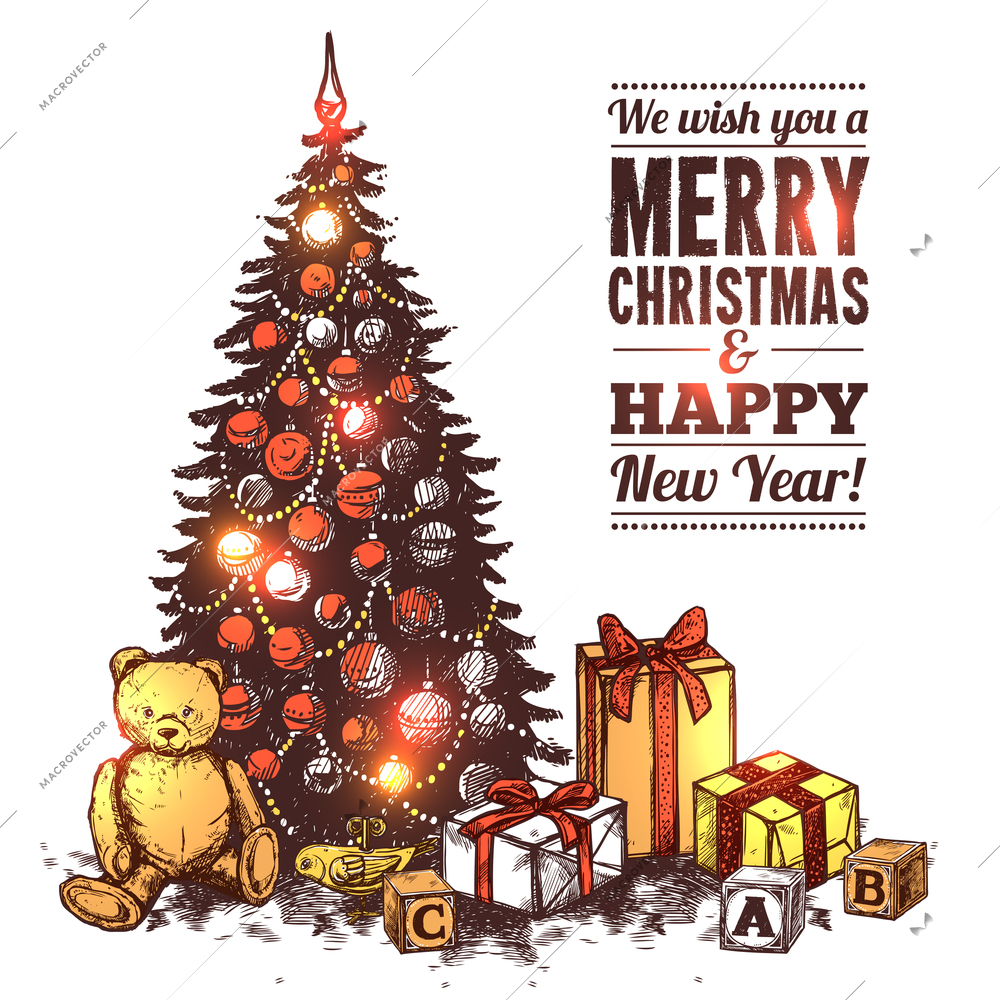 Merry christmas card with hand drawn pine tree and children gifts vector illustration
