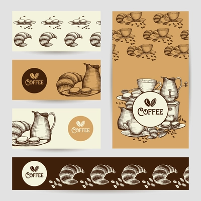 Decorative vintage coffee time cafe banners set and border with dark roasted beans abstract isolated vector illustration