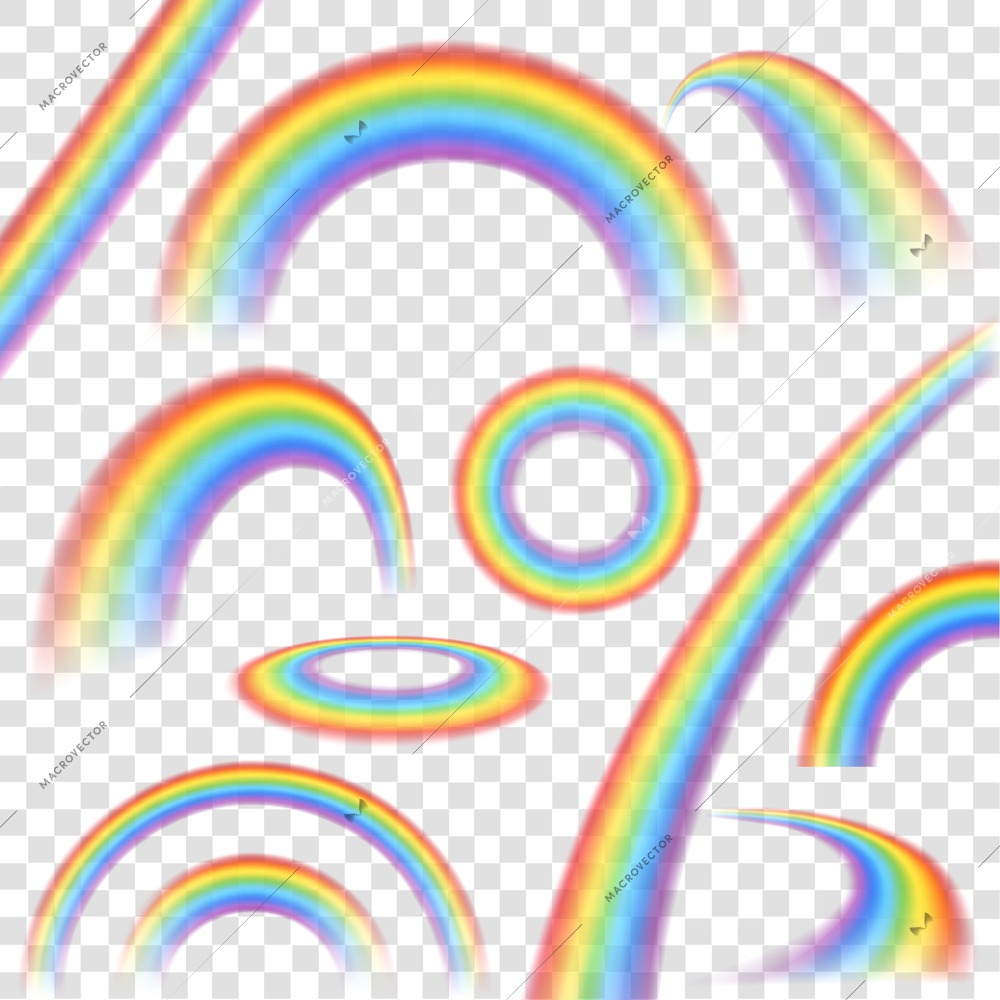 Rainbows in different shape realistic set on transparent background isolated vector illustration