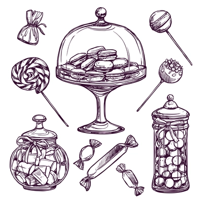 Sweets and candies sketch set with lollypops and macaron isolated vector illustration