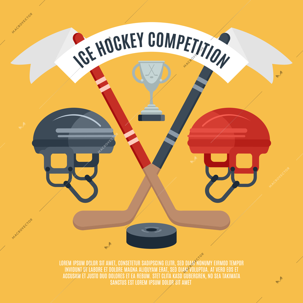 Winter sport season ice hockey competition award announcement flat banner with puck and sticks abstract vector illustration