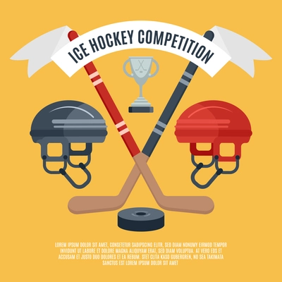 Winter sport season ice hockey competition award announcement flat banner with puck and sticks abstract vector illustration