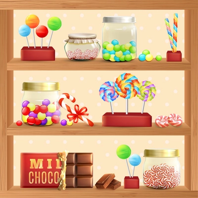 Sweet store shelf with bonbons chocolate and lollipops vector illustration