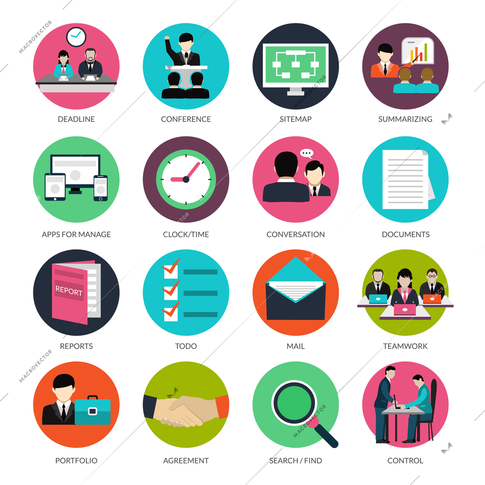 Project management icons with deadline conference documents and reports isolated vector illustration