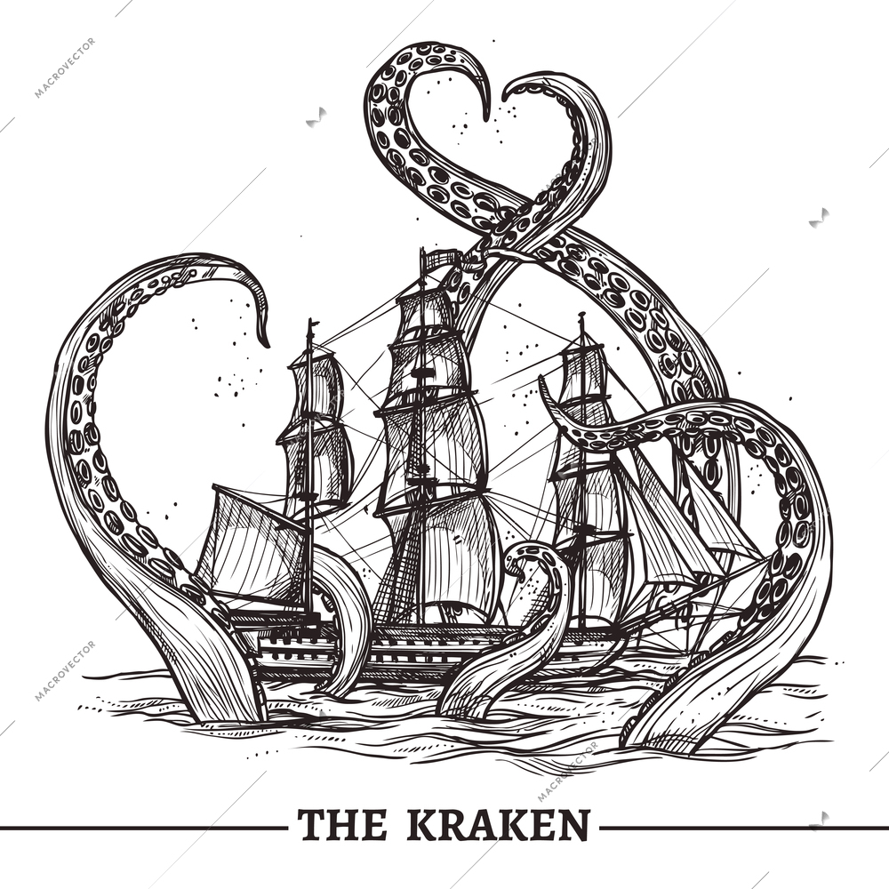 Giant octopus catches old style sail ship hand drawn vector illustration