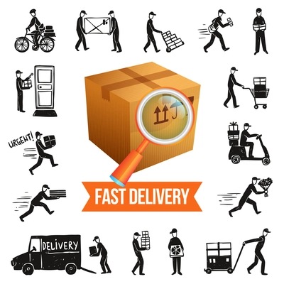 Fast delivery service concept with cardboard box and doodle courier silhouettes isolated vector illustration