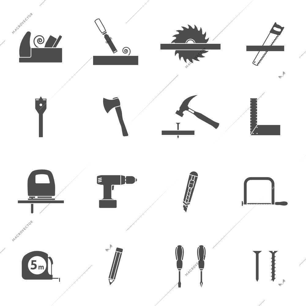 Carpentry tools for wooden house construction black  icons set with handsaw and hammer abstract vector isolated illustration