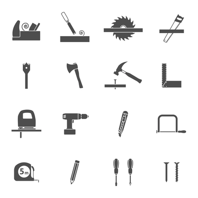 Carpentry tools for wooden house construction black  icons set with handsaw and hammer abstract vector isolated illustration