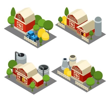 Farm building isometric icons set with tractor house and trees isolated vector illustration