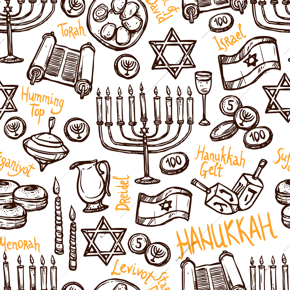 Hanukkah seamless pattern with hand drawn menorah torah and traditional food vector illustration