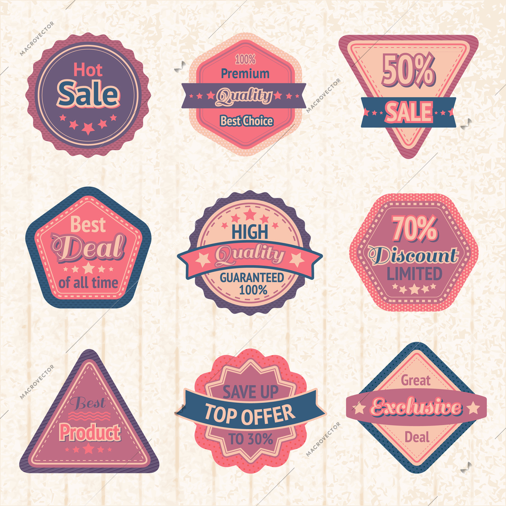 Vintage sale labels and badges set on cardboard for best price high quality and exclusive deal vector illustration