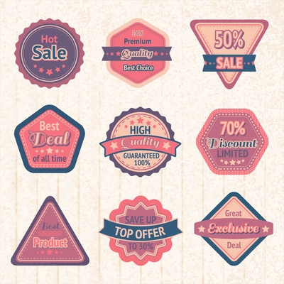 Vintage sale labels and badges set on cardboard for best price high quality and exclusive deal vector illustration