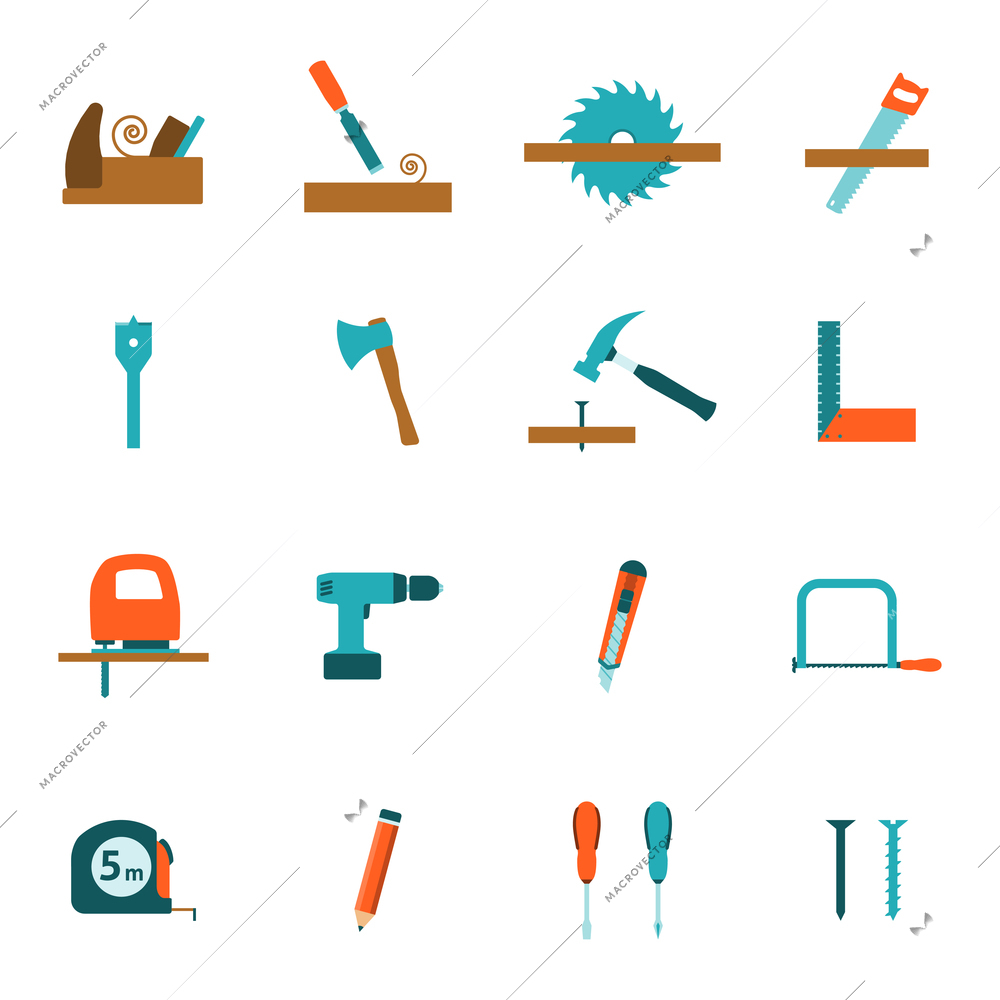 Carpentry tools for house building and renovation flat icons set with electric drill  abstract vector isolated illustration