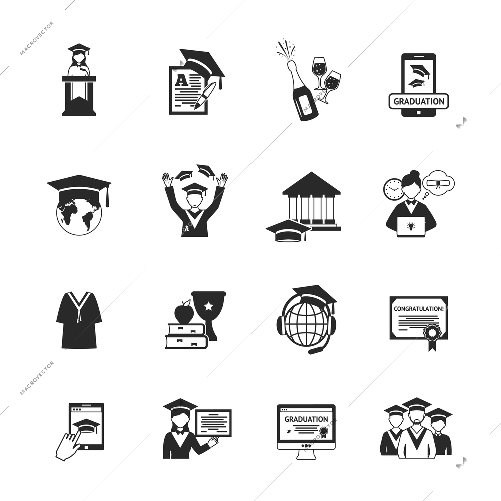 Graduation icons black set with champagne diploma student hat isolated vector illustration