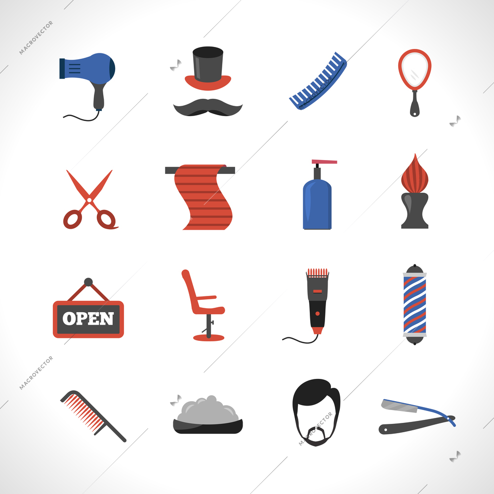 Barber salon icons set with hair dryer comb blade isolated vector illustration