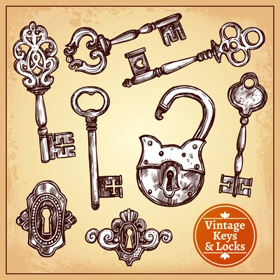 Vintage hand drawn locks keys and keyholes set isolated vector illustration