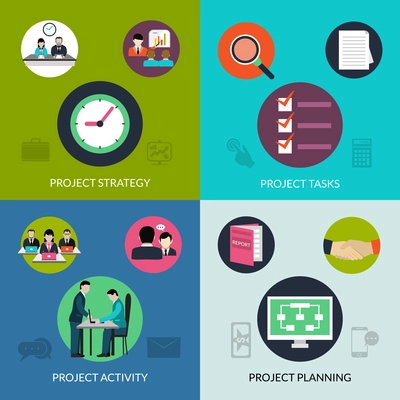 Project management design concept set with activity planning icons isolated vector illustration