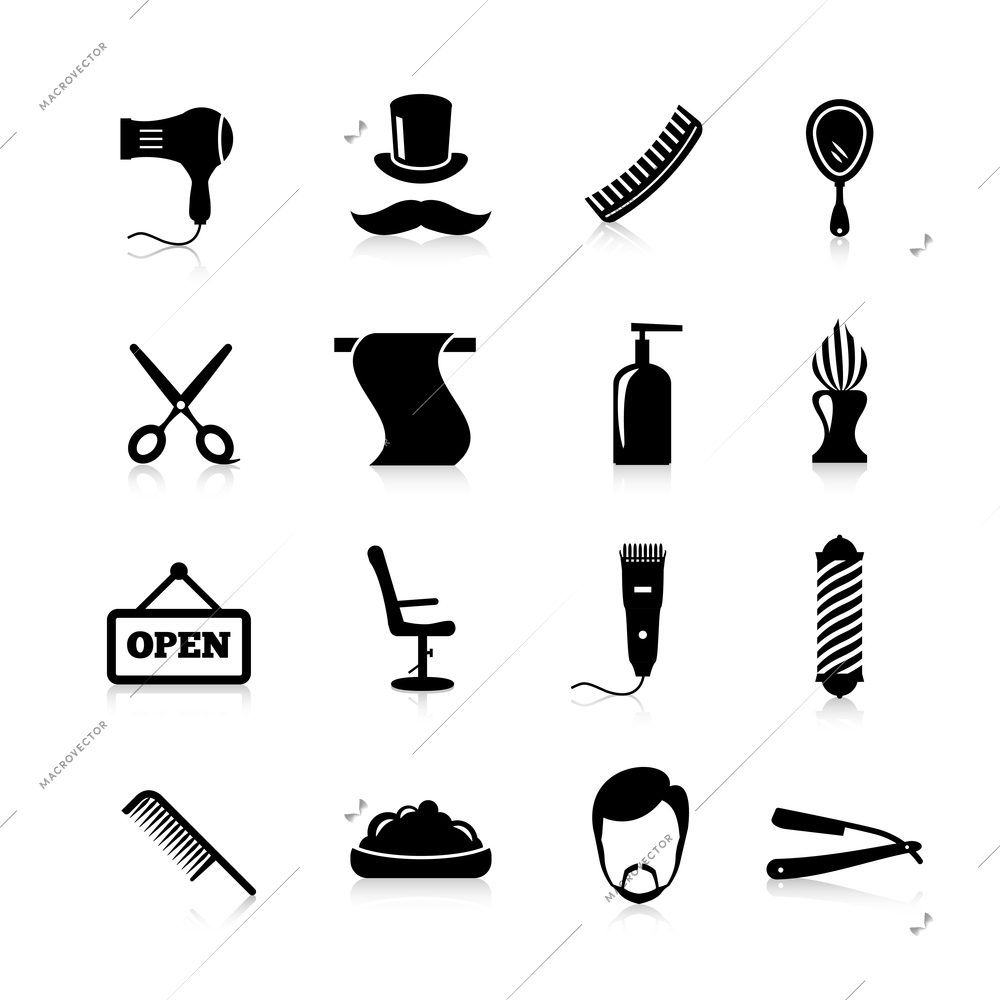 Barber icons black silhouette set with haircut mustaches shaving razor isolated vector illustration