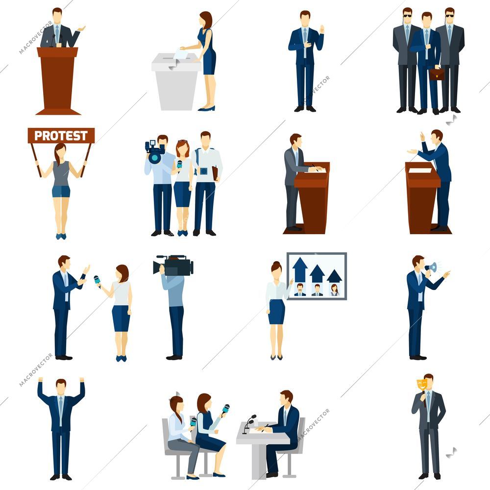 Political party leaders programs speeches broadcast and democratic election procedure pictograms set flat abstract isolated vector illustration