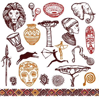 Africa doodle icons set with lion mask drums isolated vector illustration