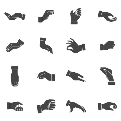 Hand palms gestures of grabbing taking and holding something black silhouettes icons collection abstract vector isolated illustration