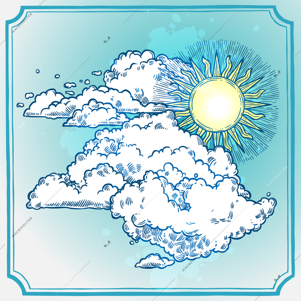 Sunny sky frame with retro style sketch sun and clouds vector illustration