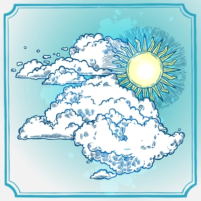 Sunny sky frame with retro style sketch sun and clouds vector illustration