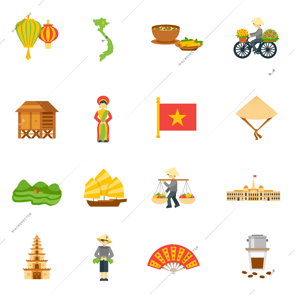 Vietnam travel icons set with palace food and map flat isolated vector illustration