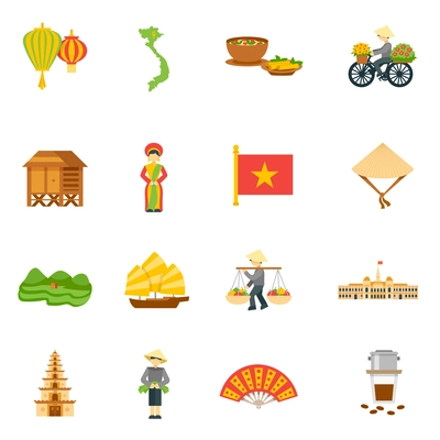 Vietnam travel icons set with palace food and map flat isolated vector illustration