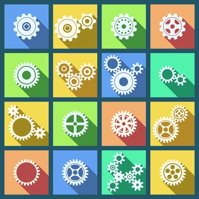 Collection of flat cogs wheels and gears icons set isolated vector illustration