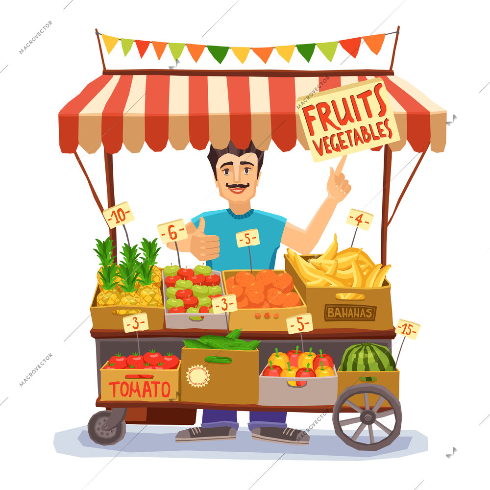 Street seller with stall with fruits and vegetables vector illustration