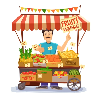 Street seller with stall with fruits and vegetables vector illustration