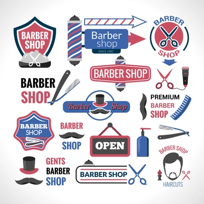 Barber shop symbols labels collection and signs with modern haircut and hair styling  abstract isolated vector illustration