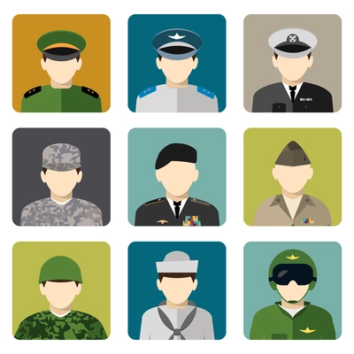 Military servicemen in uniform internet users avatar head and shoulder icons set flat  abstract isolated vector illustration