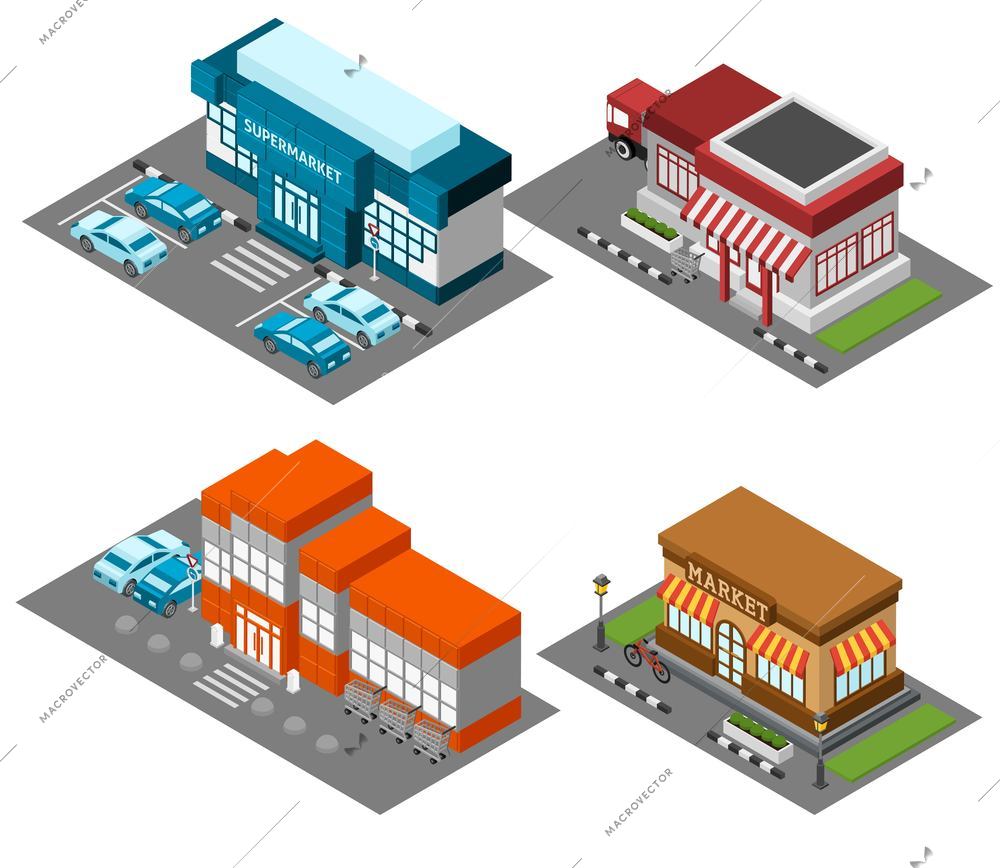 Vintage market store street view with modern supermarket shopping mall isometric icons set abstract isolated vector illustration