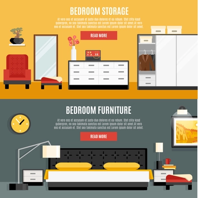 Bedroom horizontal banners set with furniture and storage flat isolated vector illustration