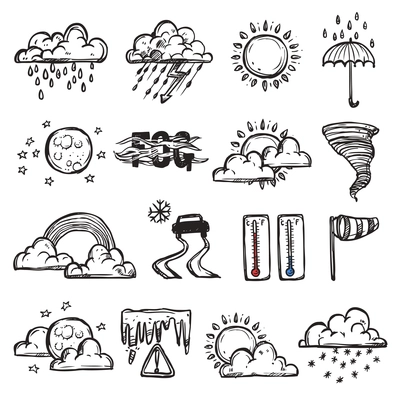 Doodle weather set with forecast and nature icons isolated vector illustration