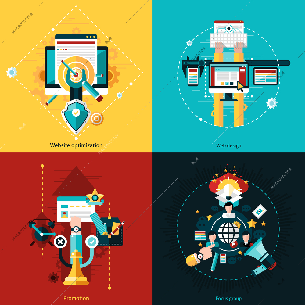 SEO development design concept set with web design and promotion flat icons isolated vector illustration