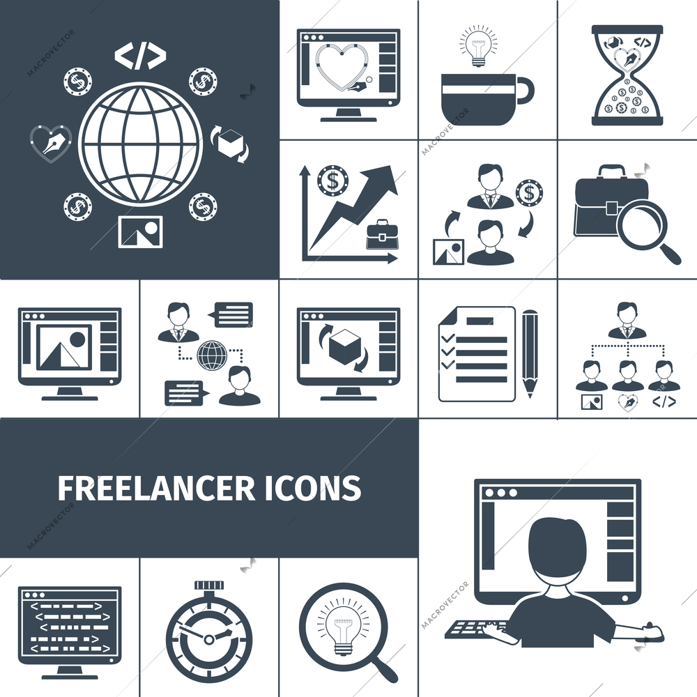 Freelancer workflow and business process icons black set isolated vector illustration