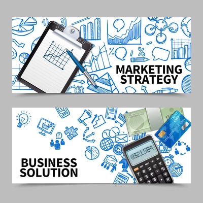 Marketing strategy and business solution horizontal banner set isolated vector illustration