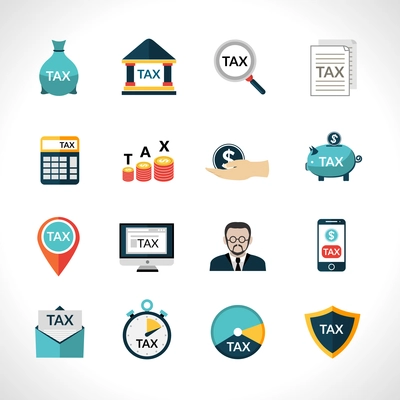 Tax paying and reducing flat icons set isolated vector illustration