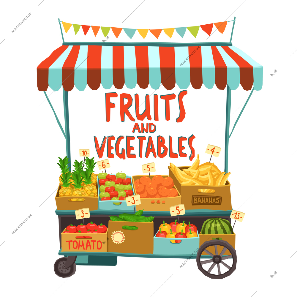 Street sale cart with fruits and vegetables cartoon vector illustration