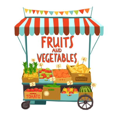 Street sale cart with fruits and vegetables cartoon vector illustration