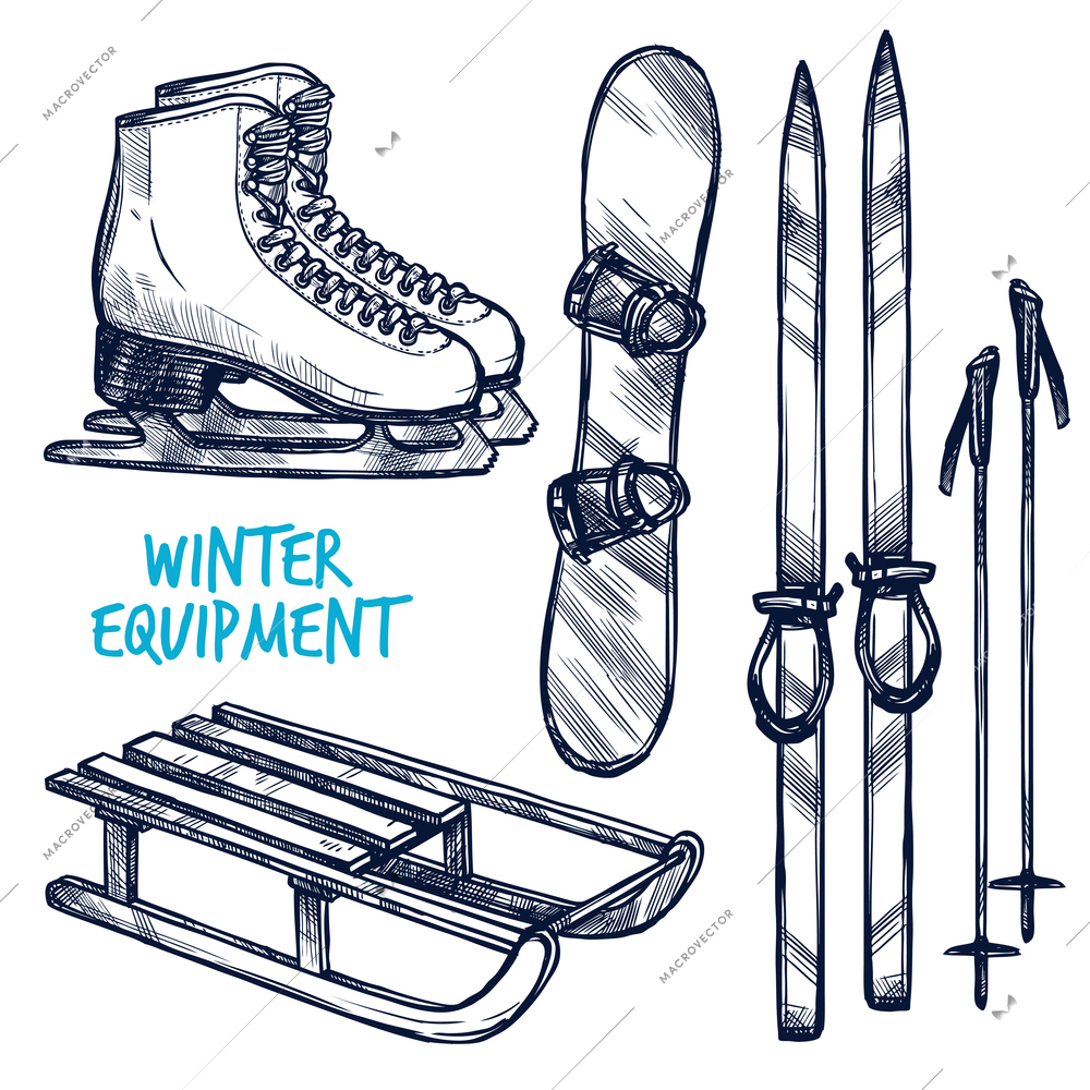 Sketch winter sport objects with hand drawn ski sled and snowboard isolated vector illustration