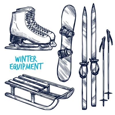 Sketch winter sport objects with hand drawn ski sled and snowboard isolated vector illustration