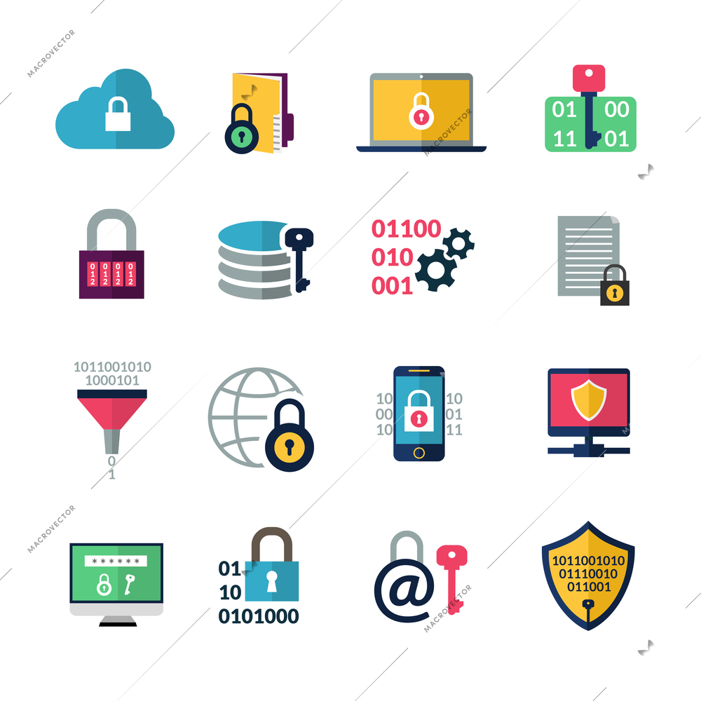 Data encryption and information protection technology icons isolated vector illustration