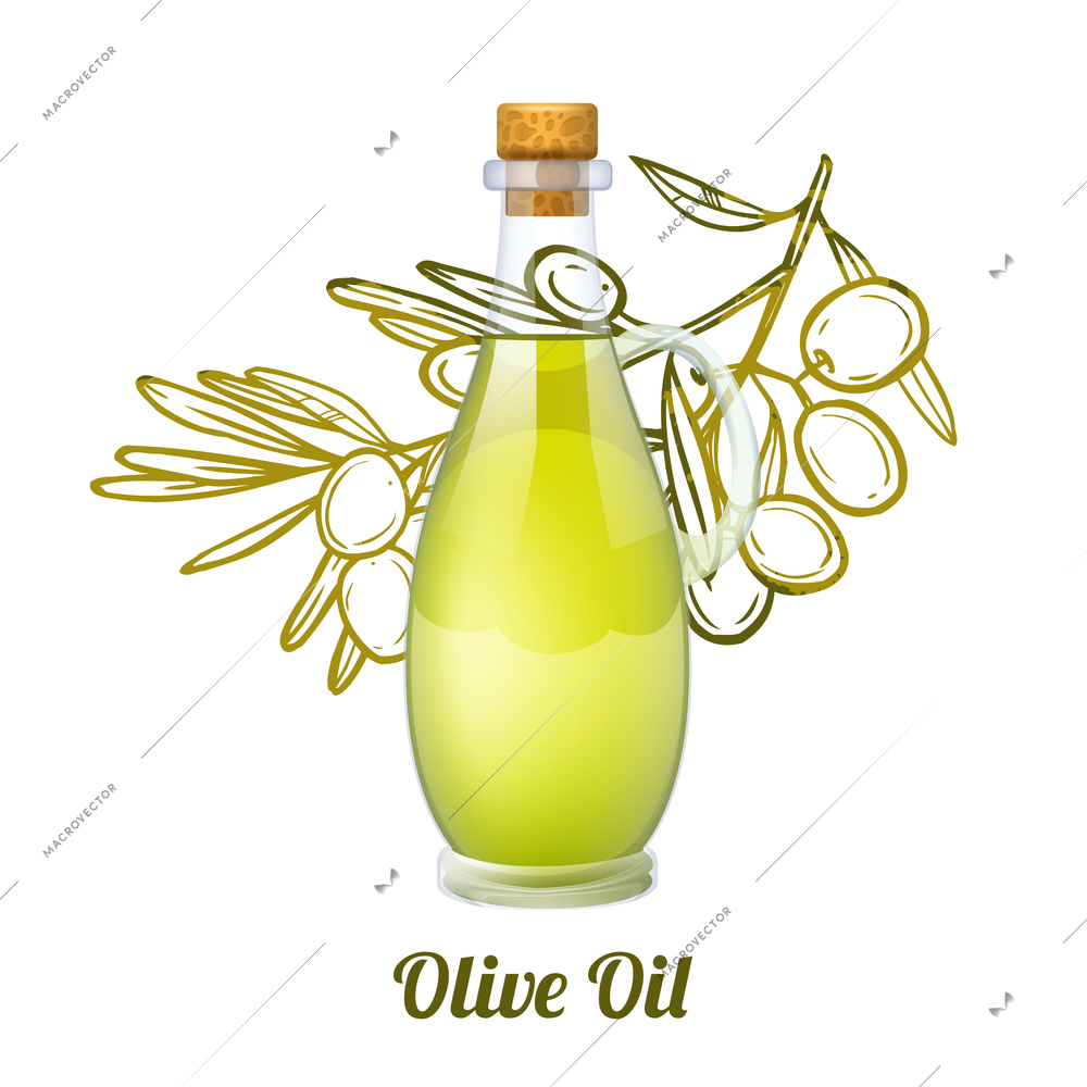 Olive oil concept with realistic glass bottle and sketch fruit branch on background vector illustration