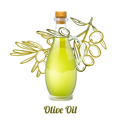 Olive oil concept with realistic glass bottle and sketch fruit branch on background vector illustration