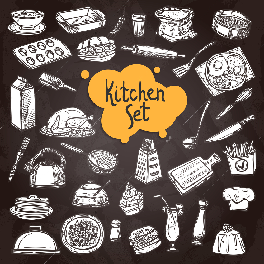 Food chalkboard set with hand drawn kitchen equipment on chalkboard isolated vector illustration