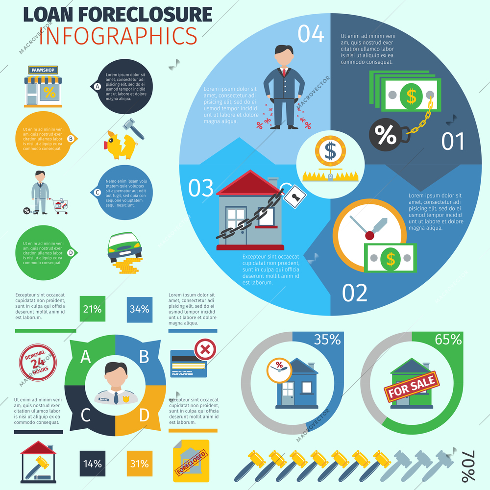 Loan foreclosure infographics with debt crisis symbols and charts vector illustration